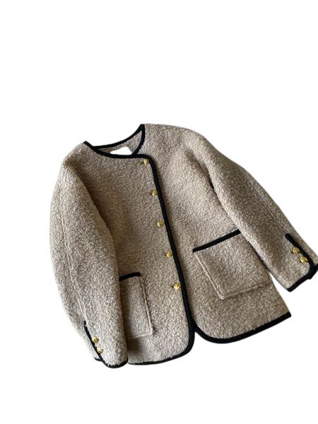 

autumn and winter temperament new style loop yarn border contrast wool blended woolen knitted simple silhouette coat, Black;brown