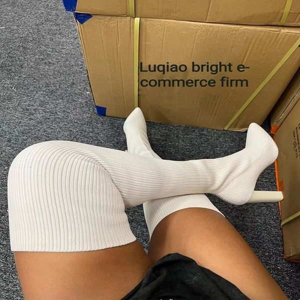 

boots woman over the knee winter thigh knitted elastic socks shoe warm stilettos heels pointed long 35-43 botas mujer 221203, Black