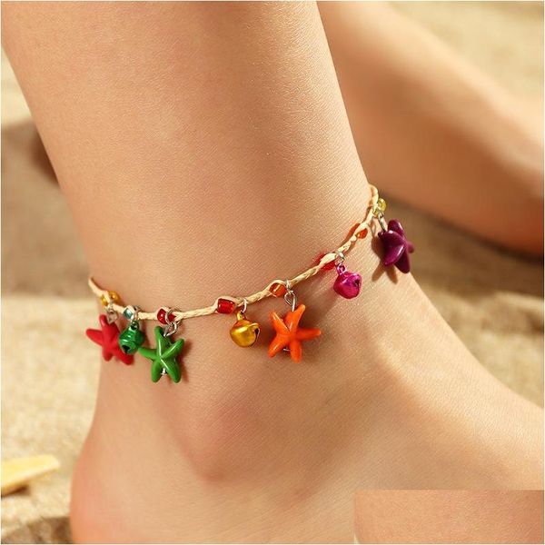 

anklets fashion jewelry handmade woven beach starfish shell anklet raffia grass colorf gravel foot anklets drop delivery dhtrx, Red;blue