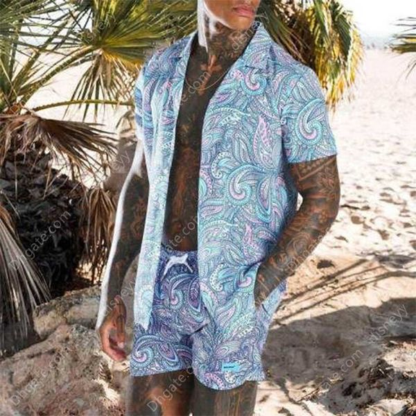 

2023 tracksuits hawaiian summer floral print short sleeve shirt beach shorts casual holiday men's suit 2pk set, Gray