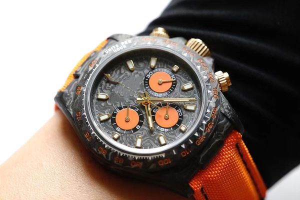 

new carbon fiber material timing men's watch switzerland eta7750 mechanical movement scratch proof sapphire glass canvas watch strap or, Slivery;brown