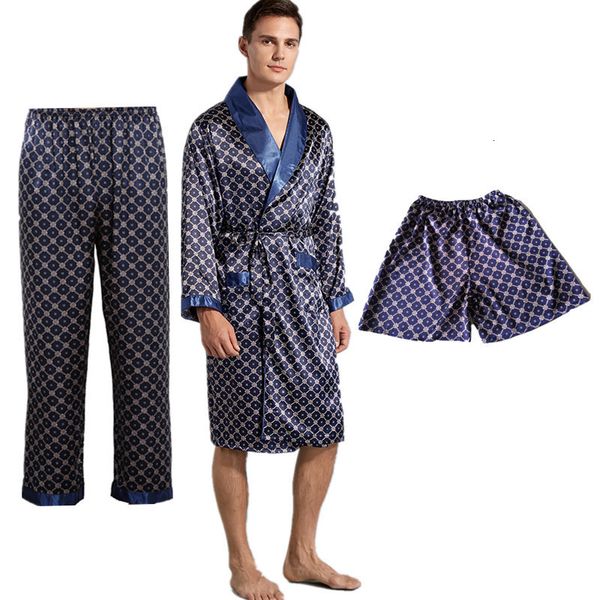 

men's sleepwear 3 pcs robe pants pajama set 4xl 3xl bathrobe shorts suit silk for kimono home soft cozy long sleeved bath gown 221201, Black;brown