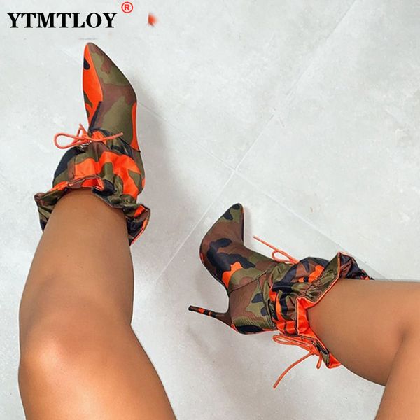 

boots perixir high thin heels for women 11cm stilettos fashion camouflage ankle woman lace up chic night club shoes 221203, Black