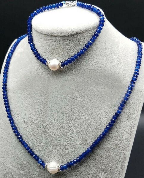 

2x4mm faceted blue jade 9-10mm white pearl gems beads necklace bracelet set, Silver