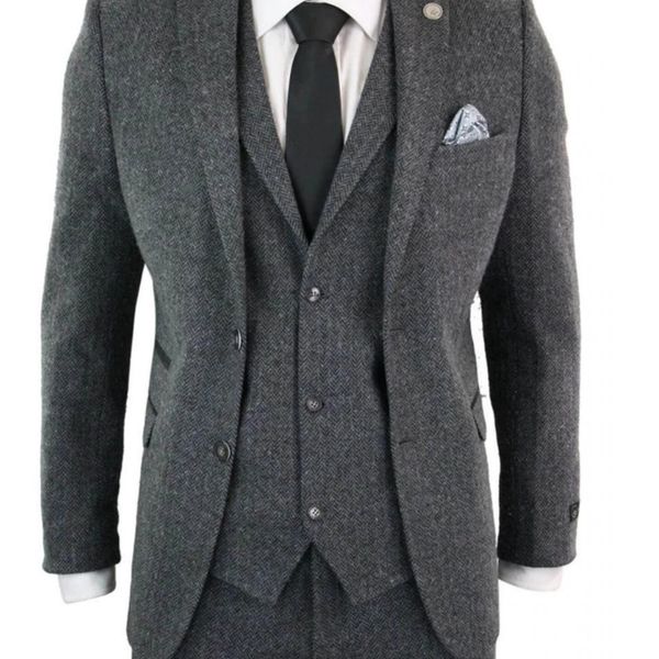 

men's suits blazers grey herringbone tweed 3 piece men notch lapel wedding tuxedos formal prom groom custom made y blinders bridegroom, White;black