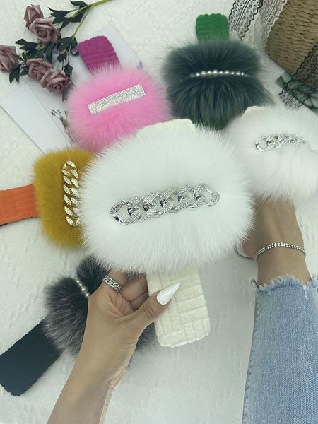 

slippers crystal chain fur women furry flip flops female white flannel flats soft home luxury slides summer sandals 221203, Black