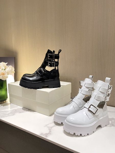 

2022 style sponge boots cake thick soled hollow cool boots women's leather buckle motorcycle versatile short summer martin, Black