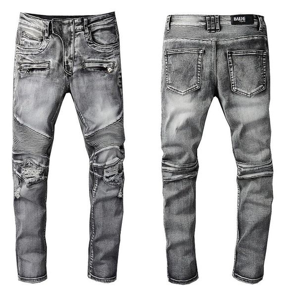 

distressed slim fit biker bal mens jeans stretched moto denim pant patchwork slim stretch zipper pencil pants, Blue