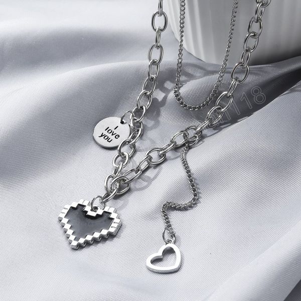 

silver color necklace for women men square lattice heart circular pendant multilayer necklaces fashion jewelry