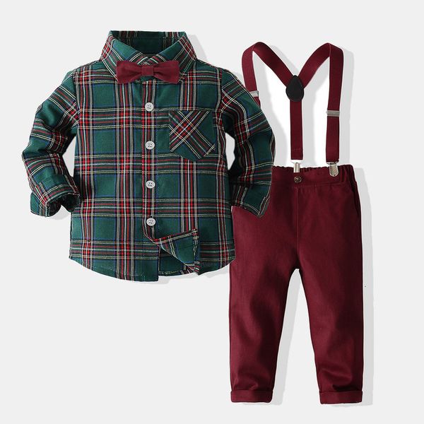 

clothing sets boys' gentleman casual plaid shirt suspender suit autumn children's first year dress 221203, White