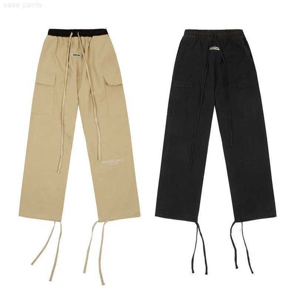 

casual sports pants fog fera of god season 7 multi pocket drawstring letter embroidered overalls fashionable sweatpants, Black