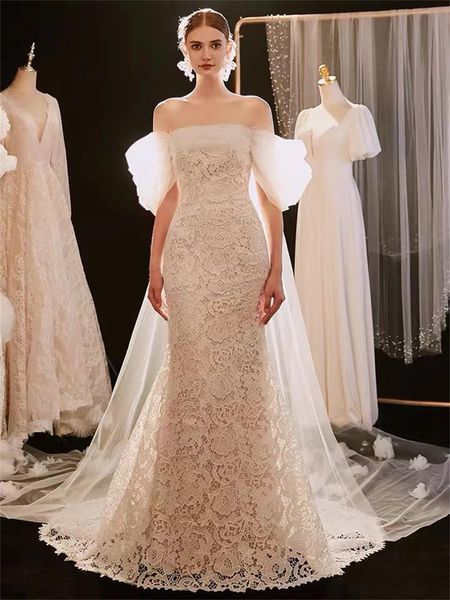 

french wedding dress one shoulder bodice light lace mermaid luxury fn4400, White