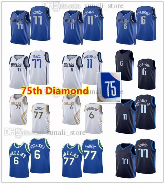 

75th anniversary diamond basketball jerseys 2021/22 luka doncic 77 tim hardaway jr. 11 kristaps porzingis 6 men women kids youth, Black;red