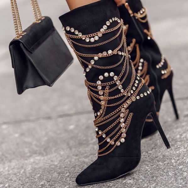 

fashion women shoes black mid calf boots suede chains crystal stilettos 10cm 12cm high heels show stage short botas ladies