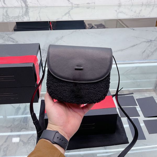 

Designer Clutch Shoulder Bag Lamb Hair Luxury Handbag Crossbody Messenger Bag Built in Double Compartment Large Capacity Vintage Bronze Hardware Swivel Buckle, Dark grey