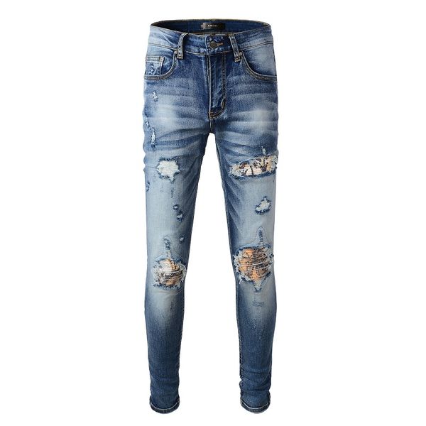 

2023 tikmens jeans distressed motorcycle biker jean rock skinny slim ripped hole stripe fashionable snake embroidery denim pant 861, Blue
