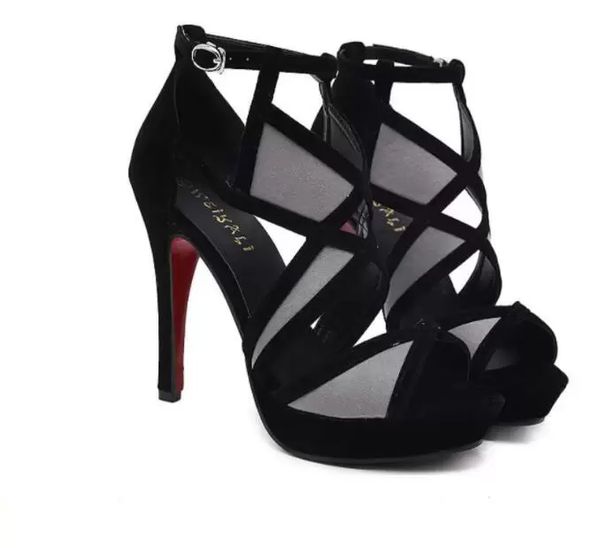 

summer black female sandals leather fashion open toe geometric pattern thick soled reds soled high heels party shoes 35-42