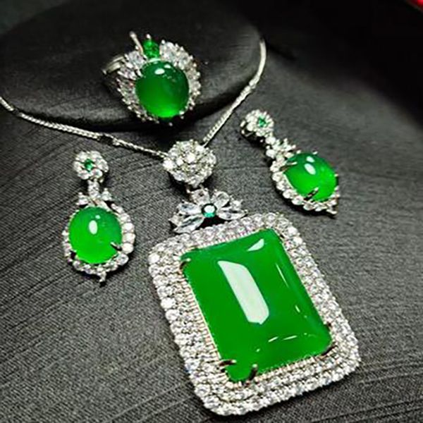 

charming green jade jewelry women pendant necklace dangle earrings ring set, Silver