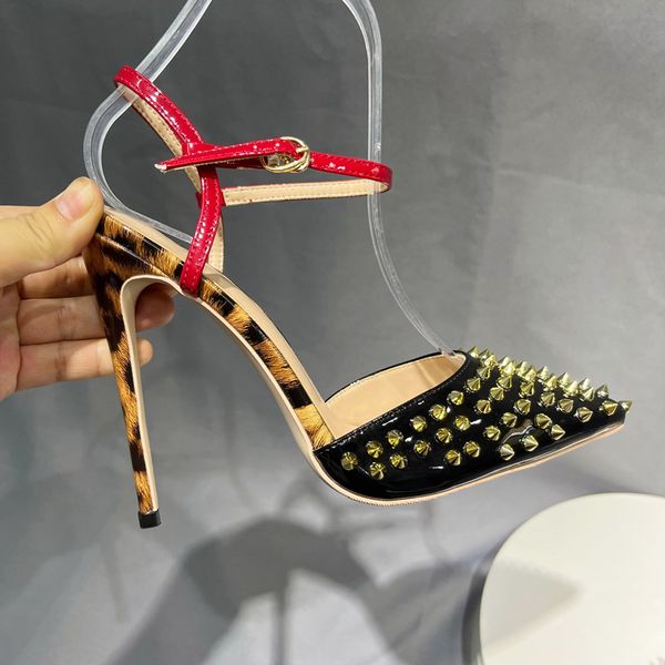

pointy toe spike rivets covered women shoes fashion brand red bottom slingbacks stiletto high heel shoes 12cm pointed toes ladies wedding an, Black