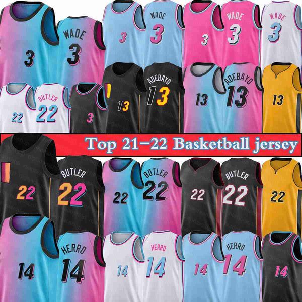 

basketball jersey college basketball wears dwyane 3 wade jimmy 22 butler tyler 14 herro bam 13 ado men 22 new menkyle 7 lowry season t-shirt, Black