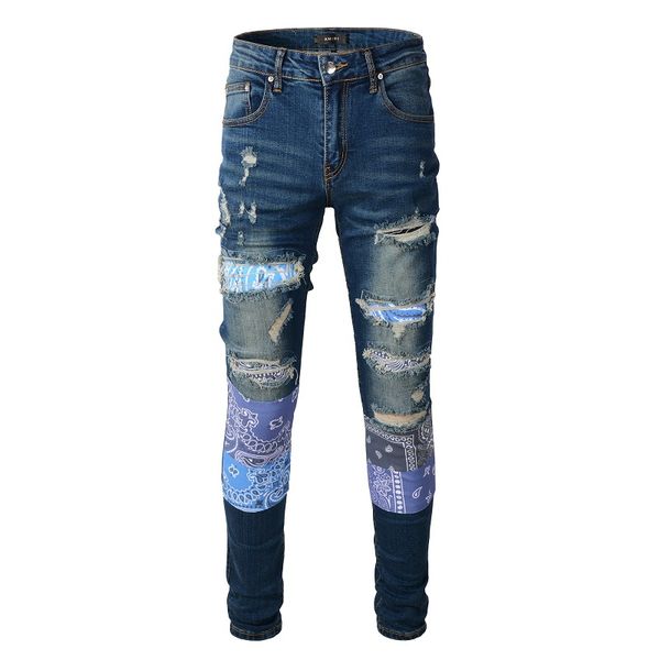 

2023 tikmens jeans distressed motorcycle biker jean rock skinny slim ripped hole stripe fashionable snake embroidery denim pant 832, Blue