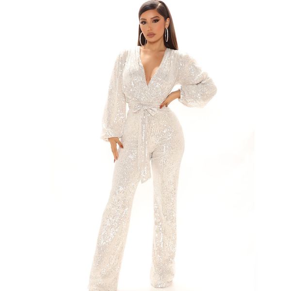 

women sparkly jumpsuits clubwear long sleeve elegant party rompers high waisted wide leg pants, Black;white