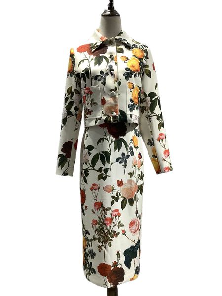 

early autumn fruit print pocket design new fashion dress, White