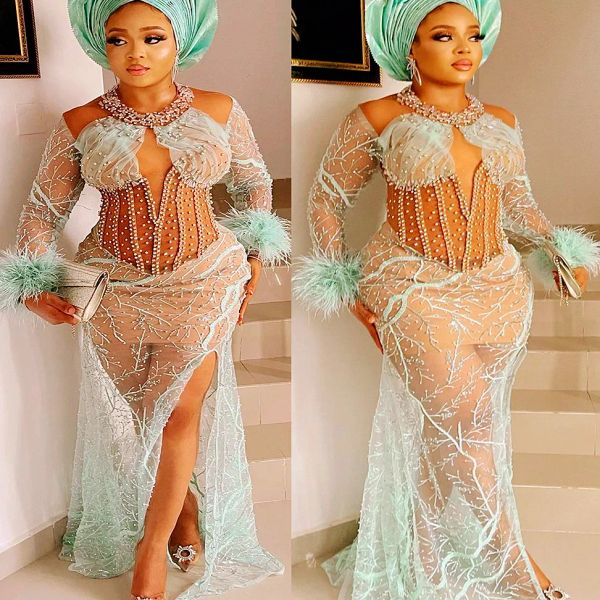 

2023 designer illusion bodice evening dresses long sleeves beaded jewel feather mermaid side slit floor length plus size pleats prom gown fo, Black;red