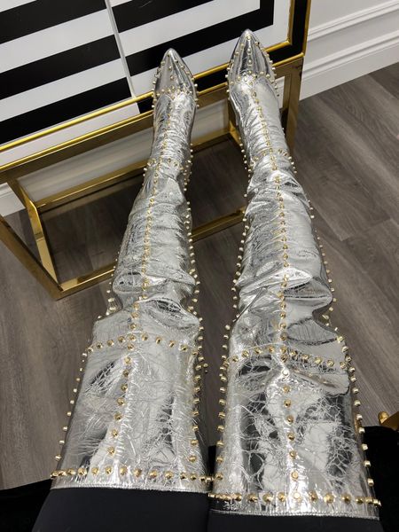 

women boots crotch rivet over knee studded stiletto heels shoes thigh high botas mujer shoes woman big size 12, Black