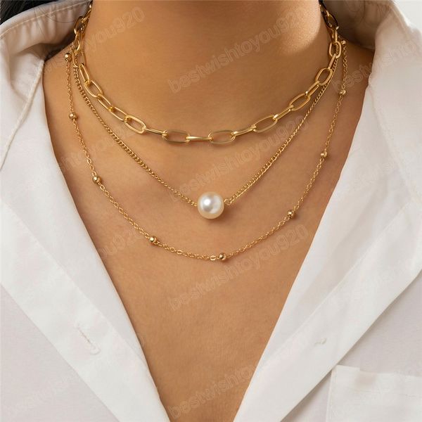 

multilayer boho imitation pearl pendant choker necklace for women vintage bead clavicle chain neck jewelry gifts, Silver