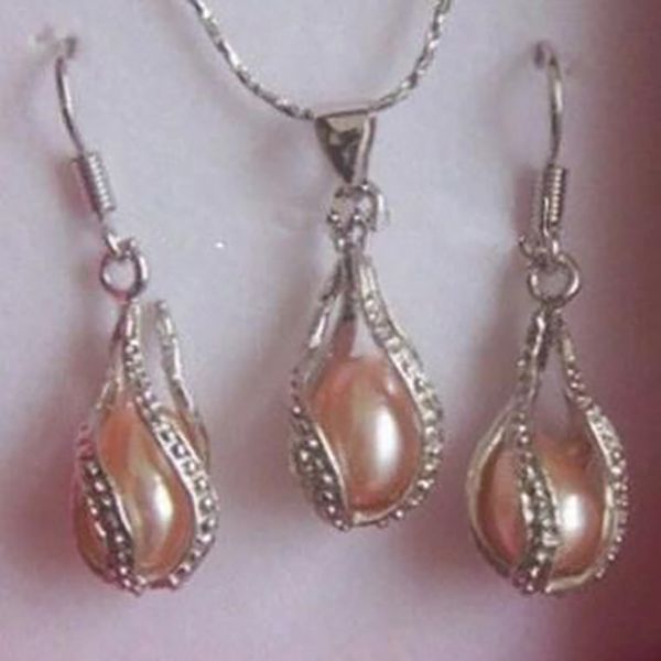 

charming jewelry natural pearl 7-8mm pink lanterns set necklace earring, Silver
