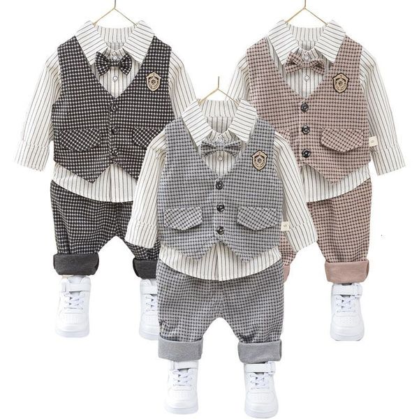 

clothing sets children kids gentleman suit birthday wedding party elegant set baby boy casual wear striped shirt vest pants costume 221203, White