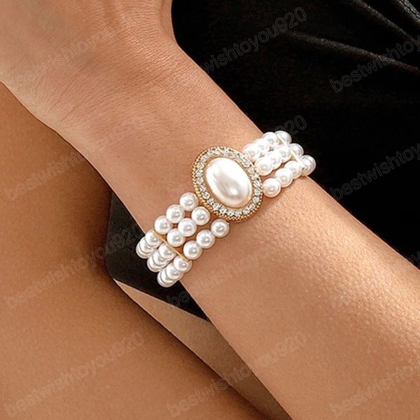 

elegant imitation pearl rhinestone chain bracelet for women wed bridal gothic multilayer chram bangles couple jewelry, Golden;silver