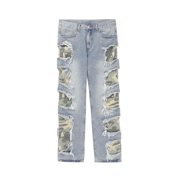 

hip hop jeans men's pants ripped camouflage patch mens jean straight moto biker denim pants, Black;brown