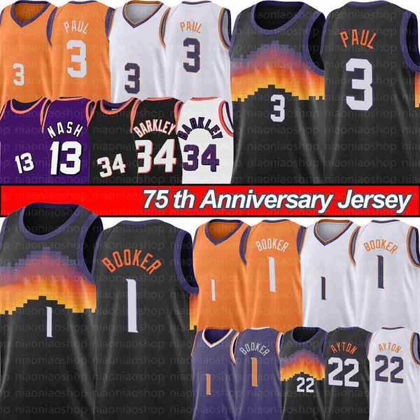 

basketball jersey college basketball wears chris 3 paul devin 1 booker steve 13 nash charles 34 barkley mens embroidery shirt 75th, Black
