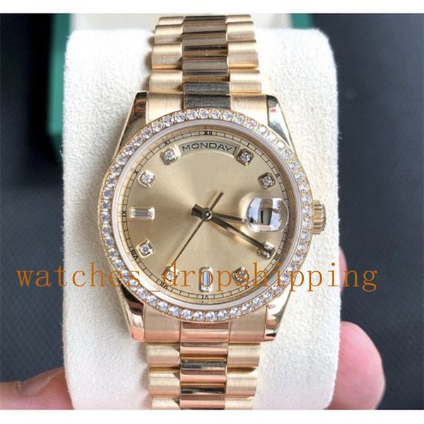 

original box watch 40mm daydate ref.128348 automatic mechanical diamond bezel 18k gold stainless steel middle row shell drill sapphire glass, Slivery;brown