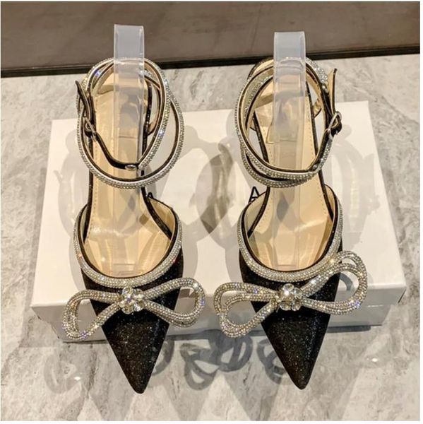

2023 rhinestones women pumps crystal bowknot satin summer lady shoes genuine leather high heels party prom shoe, Black