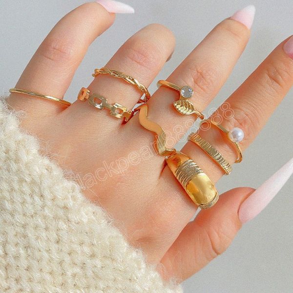 

gold color women's ring set crystal pearl metal leaf geometric finger rings for women fashion jewelry gifts, Silver