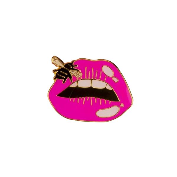 

rose red lips with a bee enamel pin mouth brooch female badge women accessories, Blue