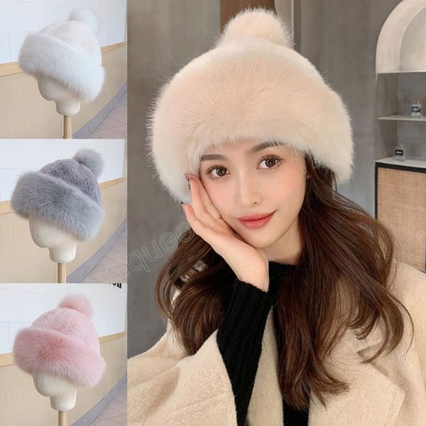 

ladies faux fur cap fluffy beanies casual daily party fashion hats winter outdoor windproof warm hat solid soft snow cap, Blue;gray