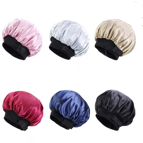

solid color double layer satin adjustable elastic band nightcap fashion african womens comfortable rayon hair care beauty hats, Blue;gray