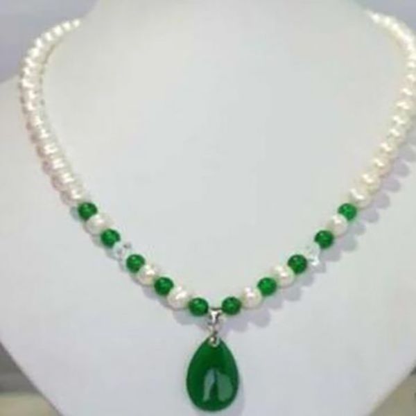 

charming jewelry fancy white freshwater pearl green stone necklace, Silver
