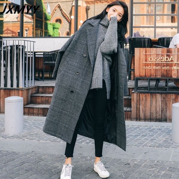 

womens wool blends jxmyy plus size fat sister midlength overtheknee woolen coat for fallwinter thin houndstooth plaid women grace 221205, Black