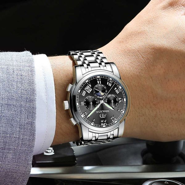 

watch wrist binkada brand men's fully automatic mechanical tourbillon luminous waterproof cool factory, Slivery;brown