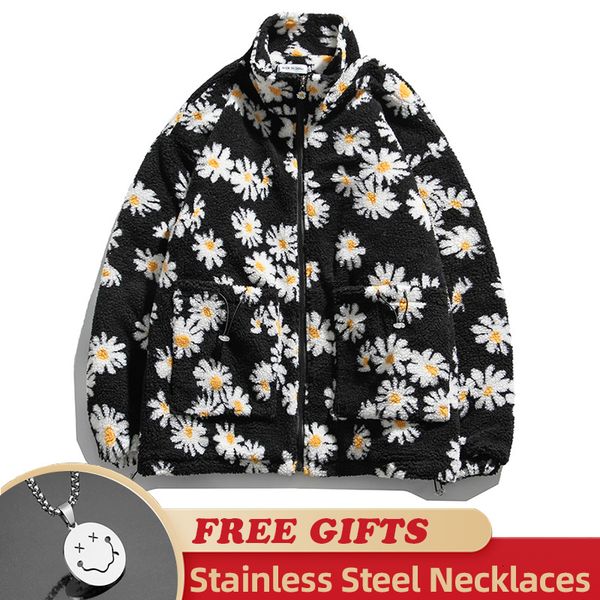 

men's down parkas hip hop style daisy print fleece warm full zip coats fashion harajuku outwear cotton padded thick parkas jackets stre, Black