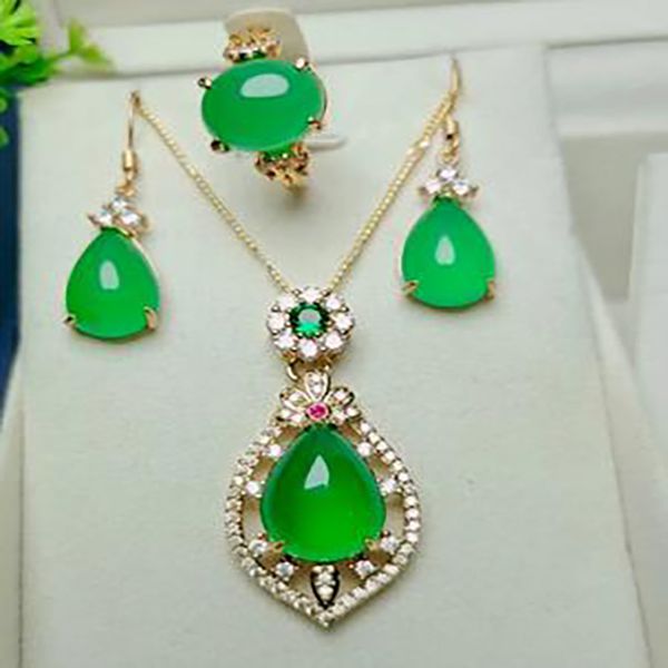 

charming women green jade jewelry water pendant necklace dangle earrings rings sets, Silver