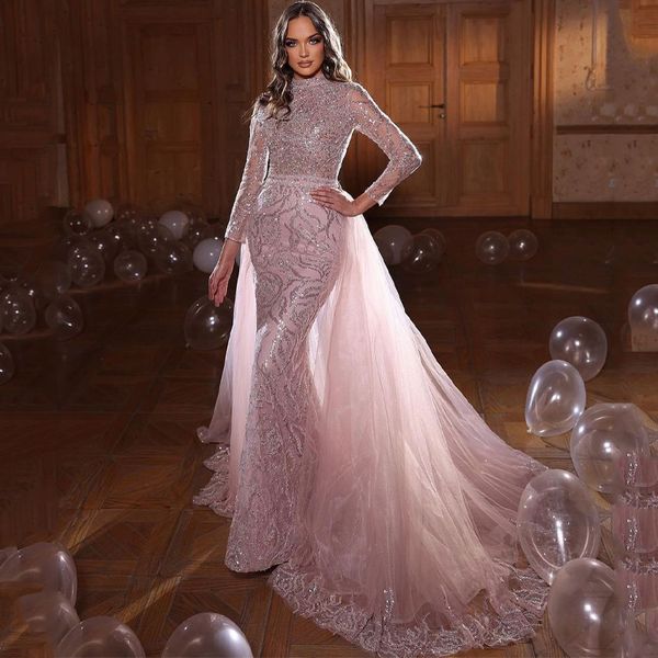 

fancy pink prom dresses sequined beading party dresses long sleeves crystals custom made evening dress, Black;red