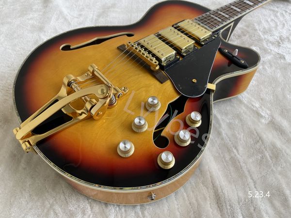 

electric guitar thick hollow body jazz tobacco burst colorful binding hhh pickpus gold long tail bigsby 6 pots