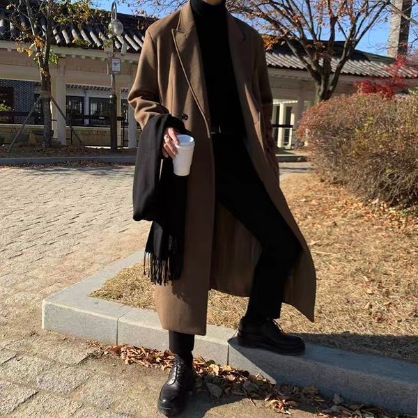 

men's wool blends winter thick woolen coat men warm fashion oversize long woolen coat korean loose thickened woolen trench coat mens ov, Black