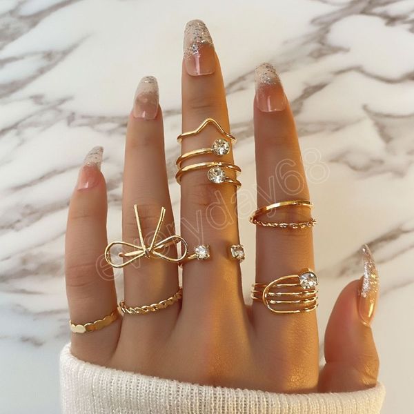 

vintage fashion bow-knot rings for women girls unique charm geometric crystal rings set jewelry trendy accessories, Silver